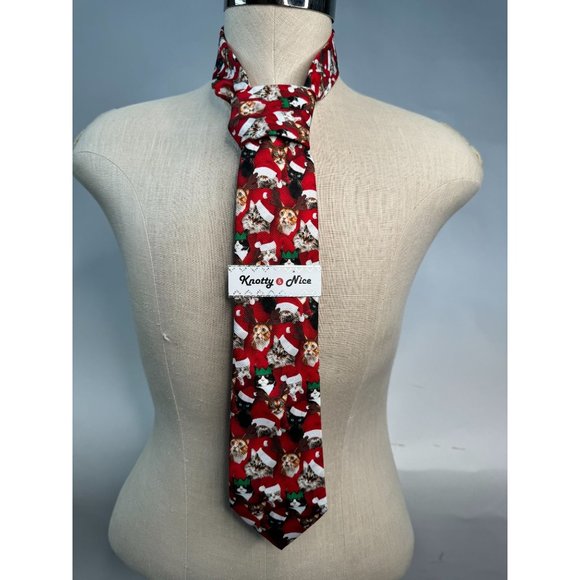Knotty and Nice Santa Cats Holiday Christmas Tie OS Red Santa Polyester - Picture 4 of 16